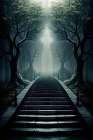 Staircase to a light in mysterious forest. AI Generated. Art Print